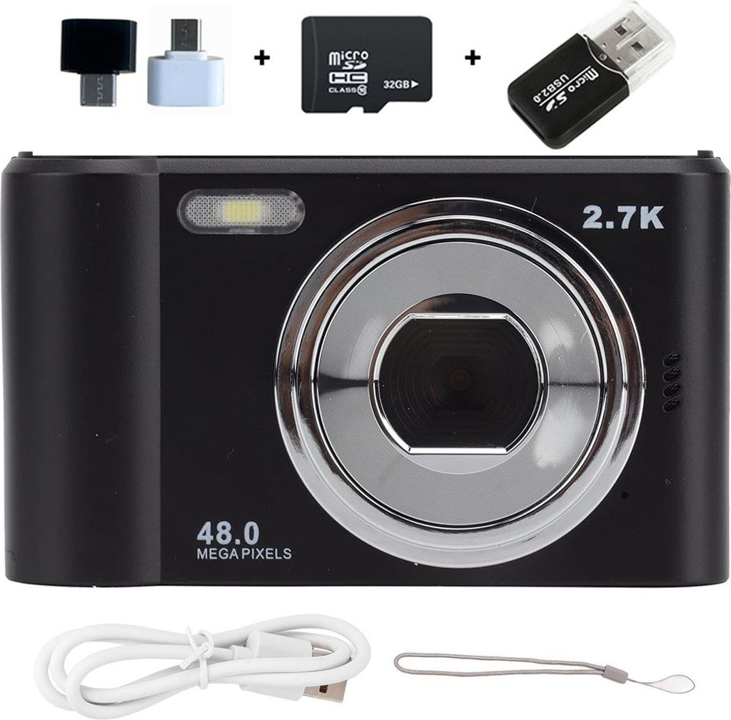 ZELURXX Mini Digitalkamera mit Lanyard, CCD, 2,4 Zoll, 8x Zoom, Tragbare Videokamera, Kartenkamera, Geschenk für Kinder, Studenten, Schwarz
