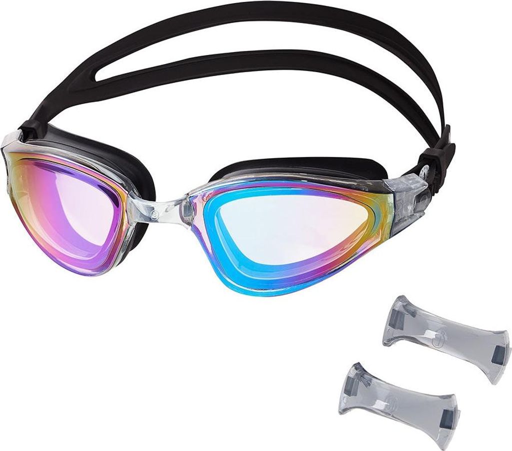 Schwimmbrille, Schwarz/Regenbogen, Antibeschlag, UV-Schutz