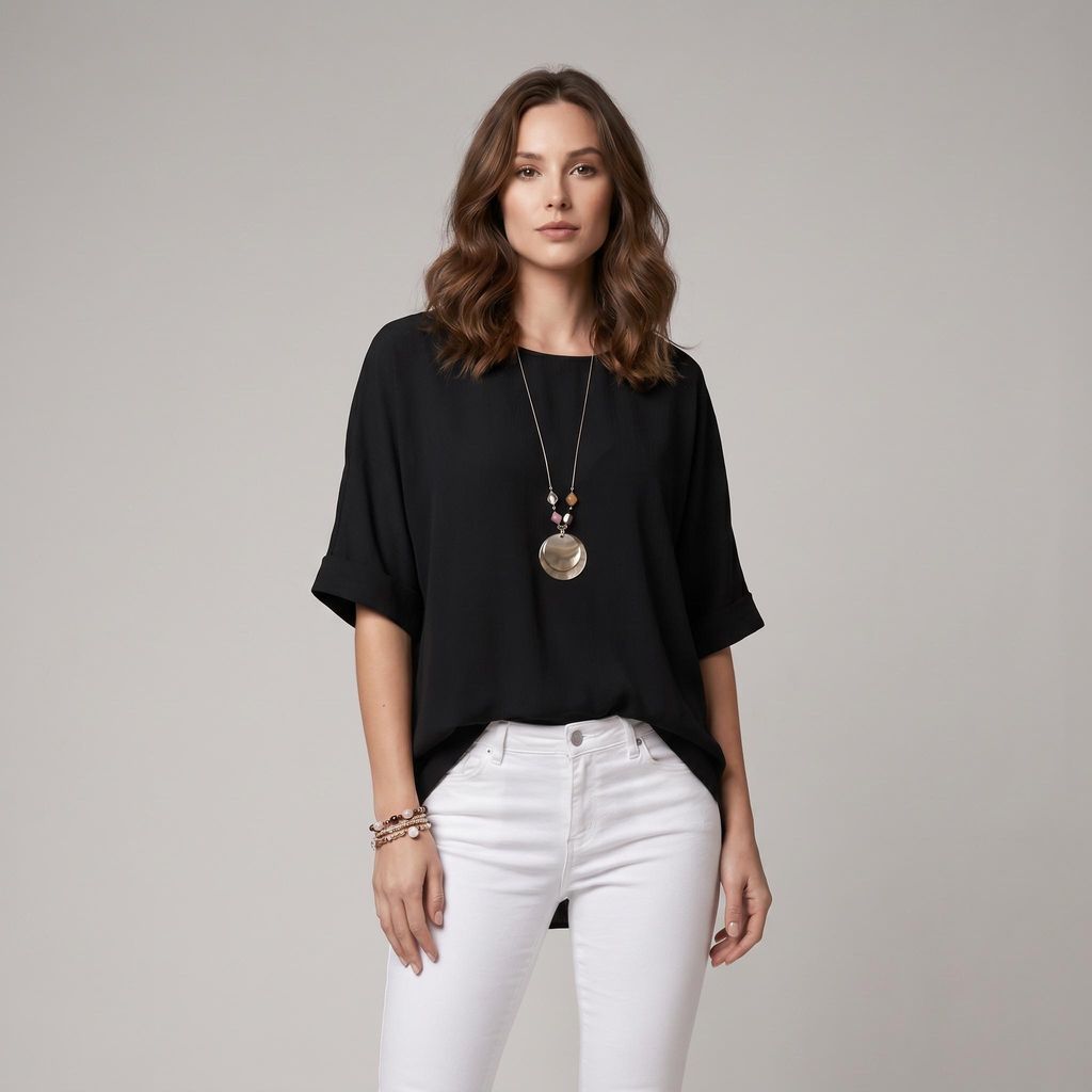 Damen Bluse, Kurzarmbluse mit Kette, leichte Viskose Produktbild 