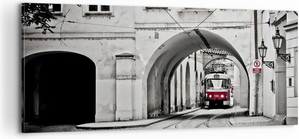 Bild auf Leinwand - Leinwandbild - Einteilig - Tschechisch Straßenbahn Prag - 100x40cm - Wand Bild - Wanddeko - Wandbilder - Leinwanddruck - Bilde...