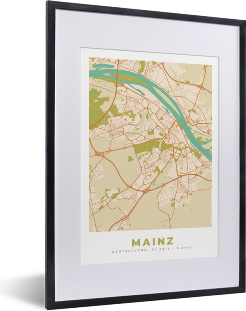 MuchoWow Gerahmtes Poster Karte - Mainz - Karte - Vintage - Stadtplan 30x40 cm - Poster mit Schwarzem Bilderrahmen Wandposter Rahmen Foto Bilder ...