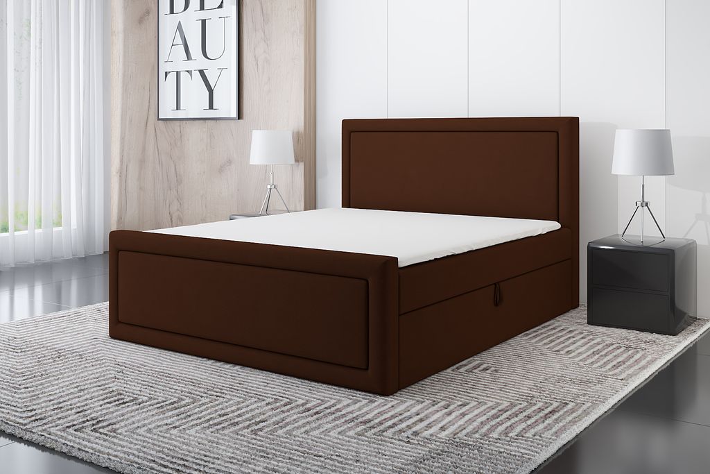 Boxspringbett GERI 180 x 200 mit 2 Bettkästen, Bonell-Matratze und Topper. Farbe: Braun