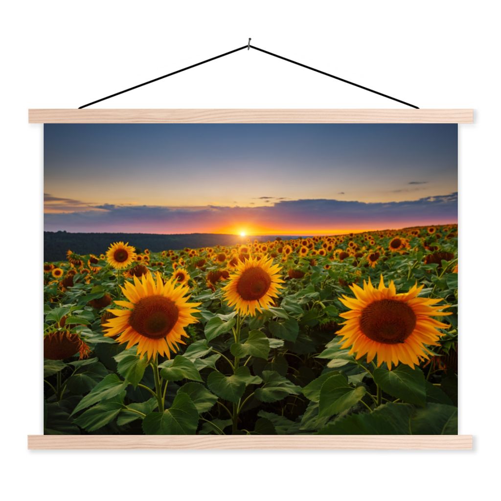 MuchoWow Textilposter Blumen - Nacht - Sonnenuntergang - Sonnenblume - Horizont 40x30 cm mit holzfarbenen Rahmen - Bilder