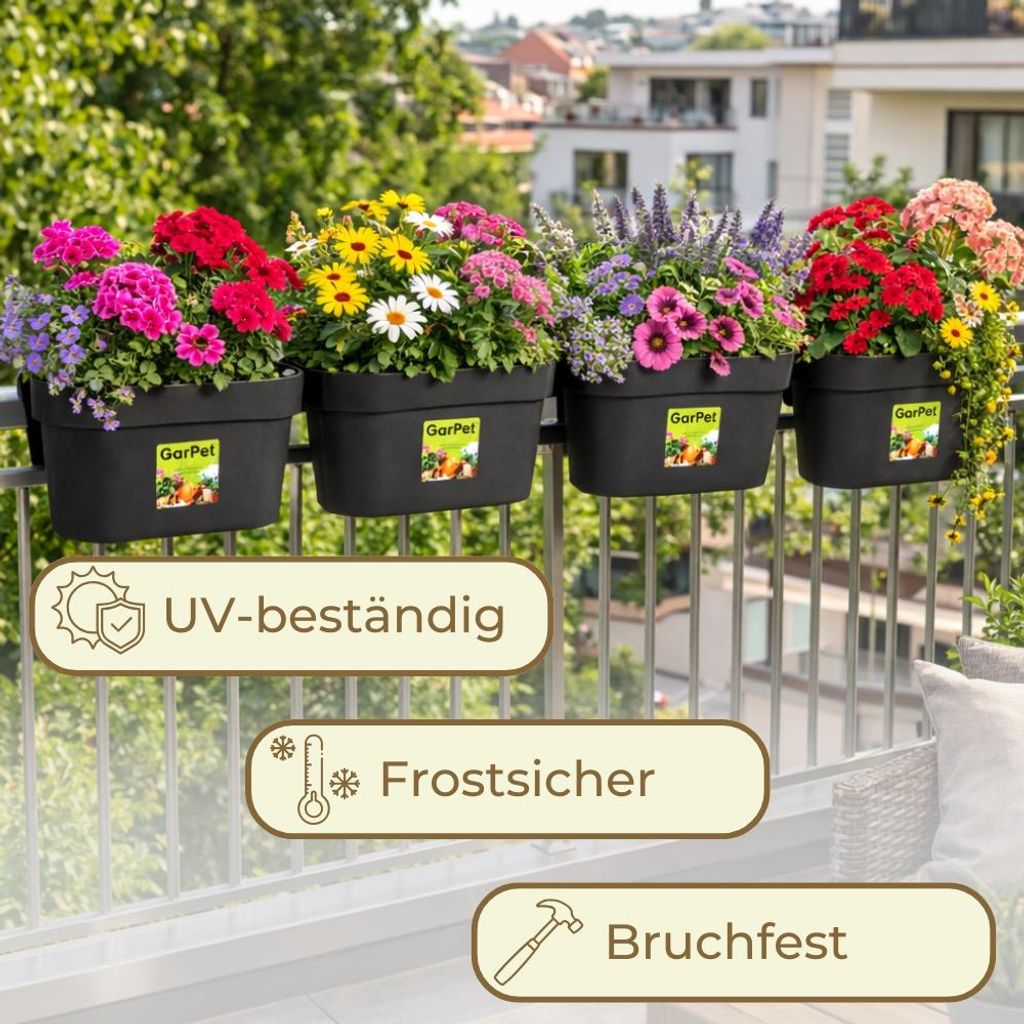 4er Set Gelnderkasten Balkon mit Wasserspeicher Blumentopf