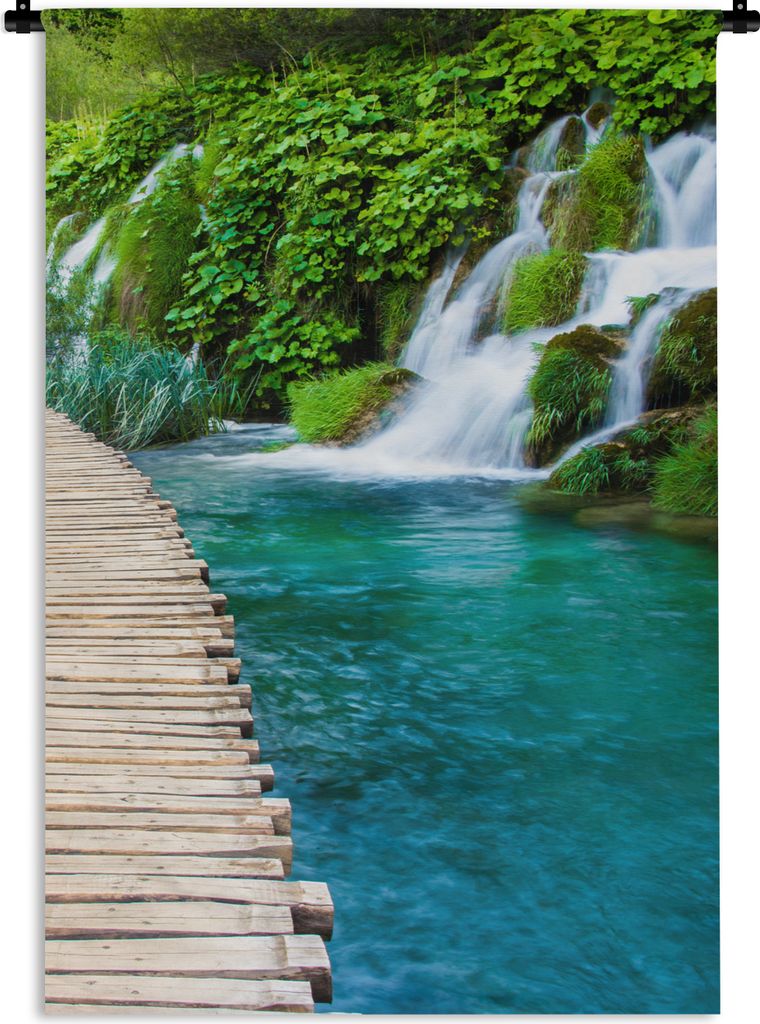 MuchoWow Wandteppich Wandbehang Brücke - Wasser - Pflanzen - Wasserfall - Grün 120x180 cm Tapisserie Dekoration Wandtuch - Schlafzimmer - Dekor...