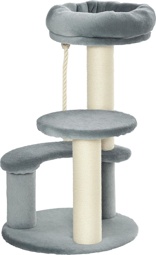 Katzenbaum Kletterbaum mit Hängematte – 3-Stufiger Spielbaum mit Katzenbett Katzenkratzbaum mit Sitzplattform, Sisalsäulen, Grau ?40 x H65 cm