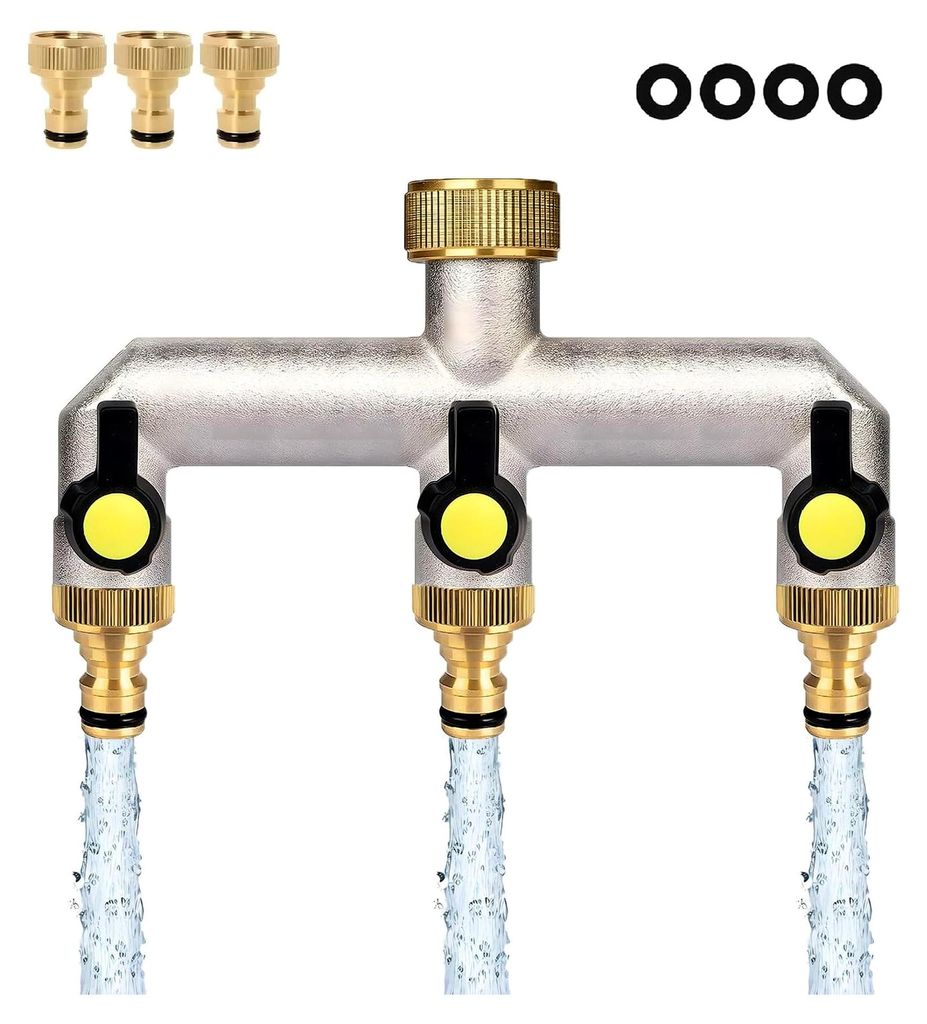 3-Wege Wasserhahn Wasserverteiler mit 3/4 Zoll Messing Wasseranschluss und 2 Stück 3/4 Zoll auf 1/2 Zoll Hahnanschluss für Haus, Hof, Waschmaschi...