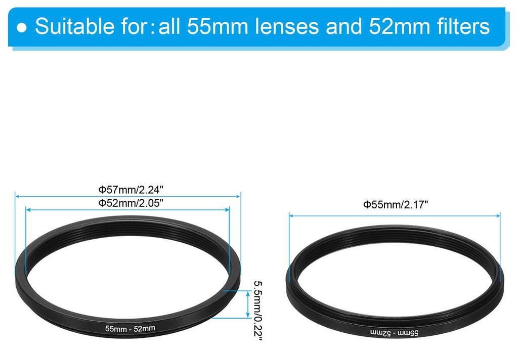 55mm-52mm Metall Step-Down-Ring, Kamera-Objektiv-Filteradapterring Aluminium Filteradapterring fš¹r Kameraobjektive Hood, Schwarz