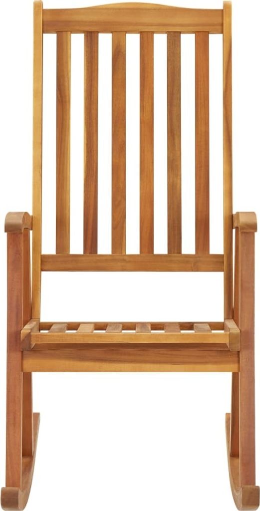 A front view of a wooden rocking chair on a white background.