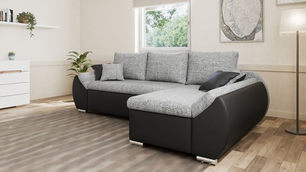 Ecksofa Alex mit Schlaffunktion und Bettkasten – moderne Kombination aus Strukturstoff und Kunstleder, stilvoll & bequem - Rechts, mit Hocker - G...