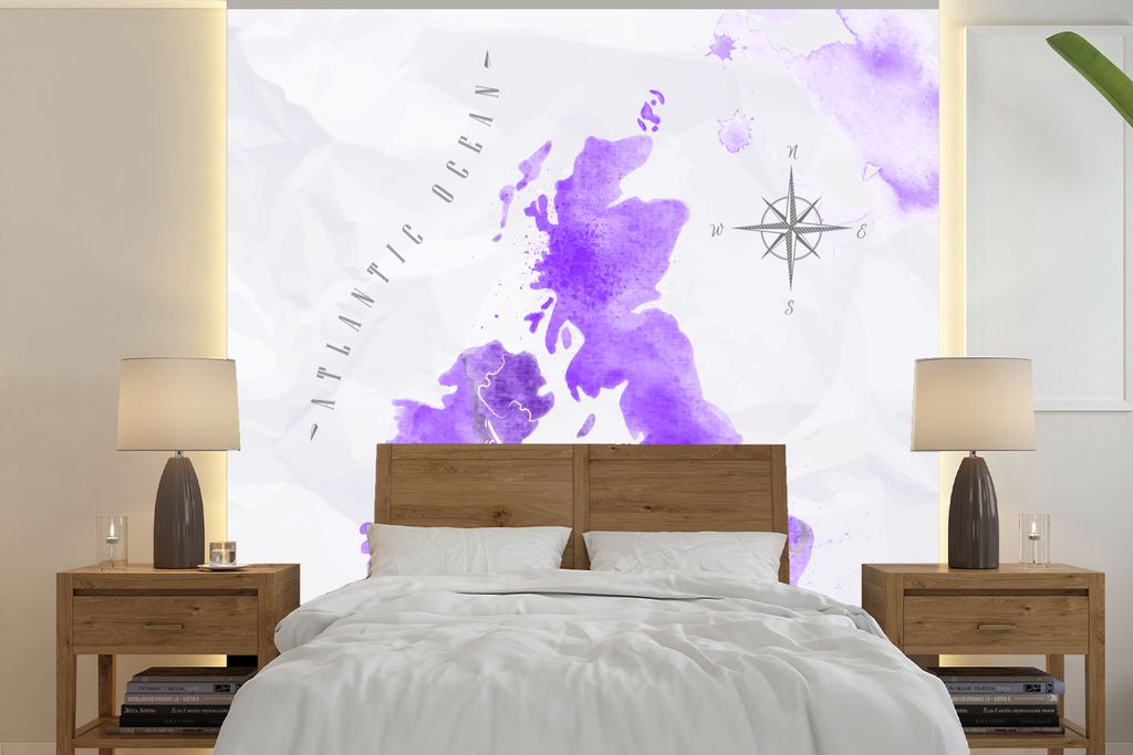 MuchoWow Fototapete für Wohnzimmer oder Schlafzimmer Wandtapete Vinyl Motivtapete Karte - England - Aquarell - 280x280 cm - Hintergrundbild