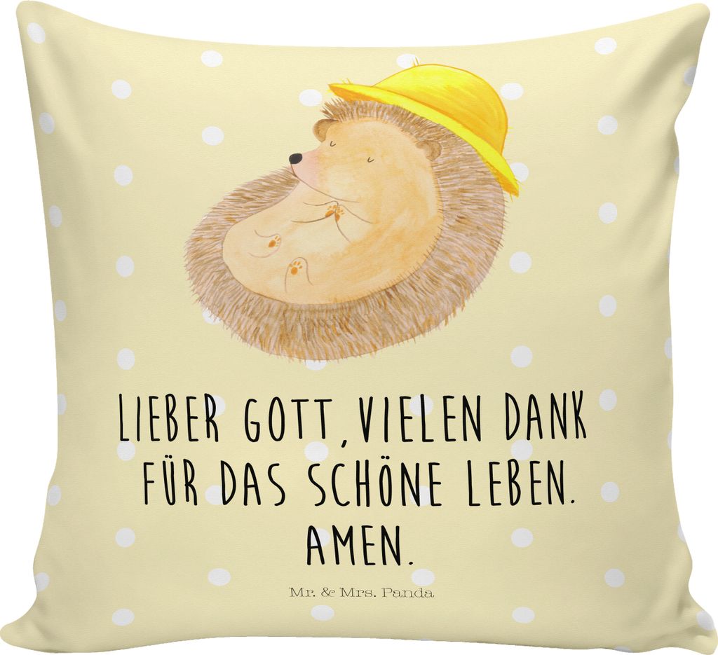Mr. & Mrs. Panda Sofakissen Igel Beten - Gelb Pastell - Geschenk, Tiermotive, Dekokissen, kissen bedruckt, Genießen, 40x40, Deko, Kuschelkissen, f...