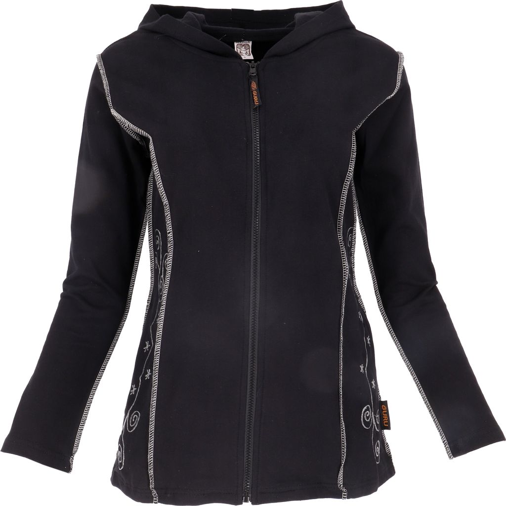 Goa Jacke mit Langer Kapuze, Boho Pixi Kapuzenjacke mit Stickerei - Schwarz, Damen, Baumwolle, Größe: S