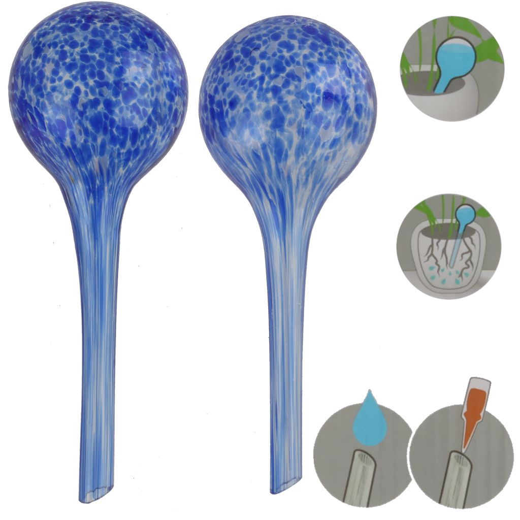 Wasserspender 2 Stück Set aus Glas für Topfpflanzen, Kugel, rund Ø 8 cm Farbe Blau 200 ml modern, häusliche Bedingungen, für töpfe, für blum...
