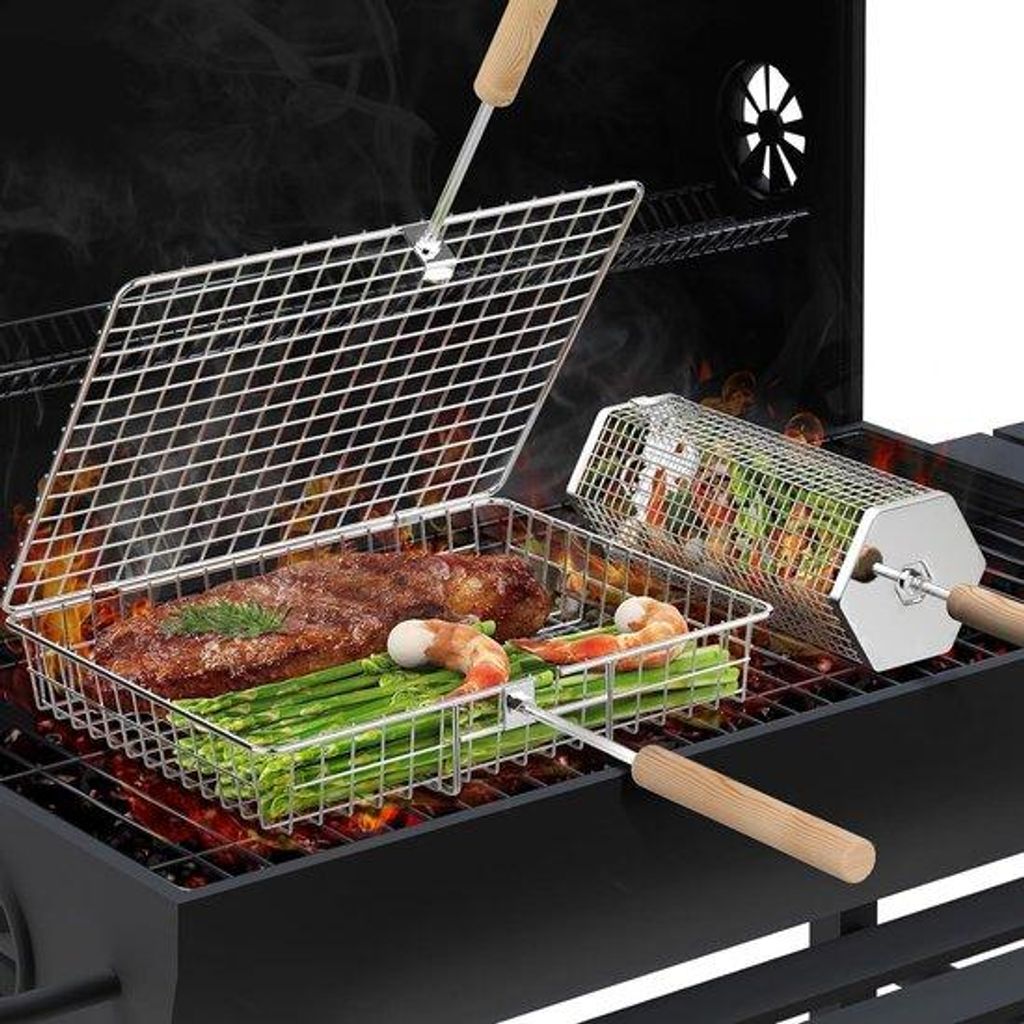 Famanu Grillkörbe mit abnehmbarem Holzgriff, 304 Edelstahl, Produktbild 