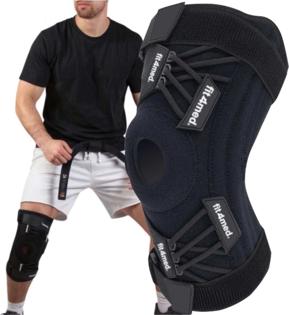 A man wearing a knee brace is shown alongside a close-up of the knee brace.