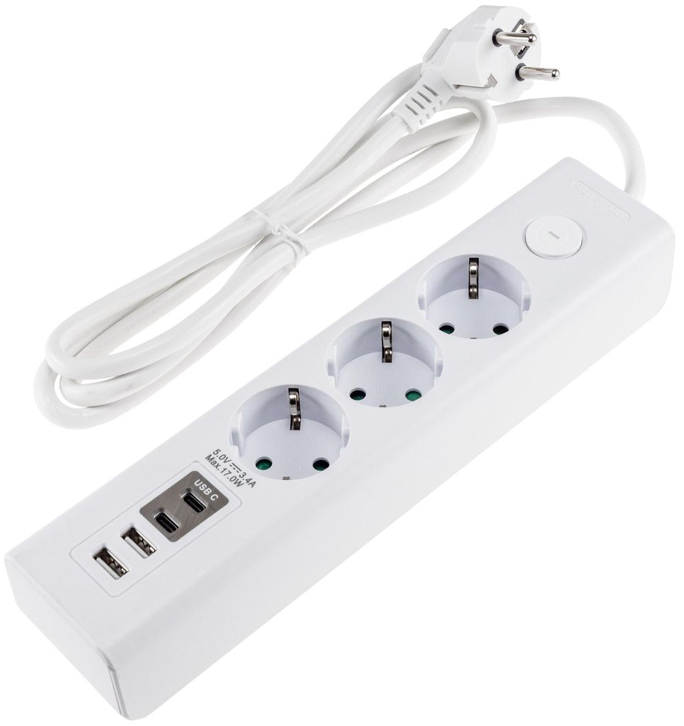 Steckdosenleiste mit Ladebuchsen für USB, 3-fach, weiß, Produktbild 