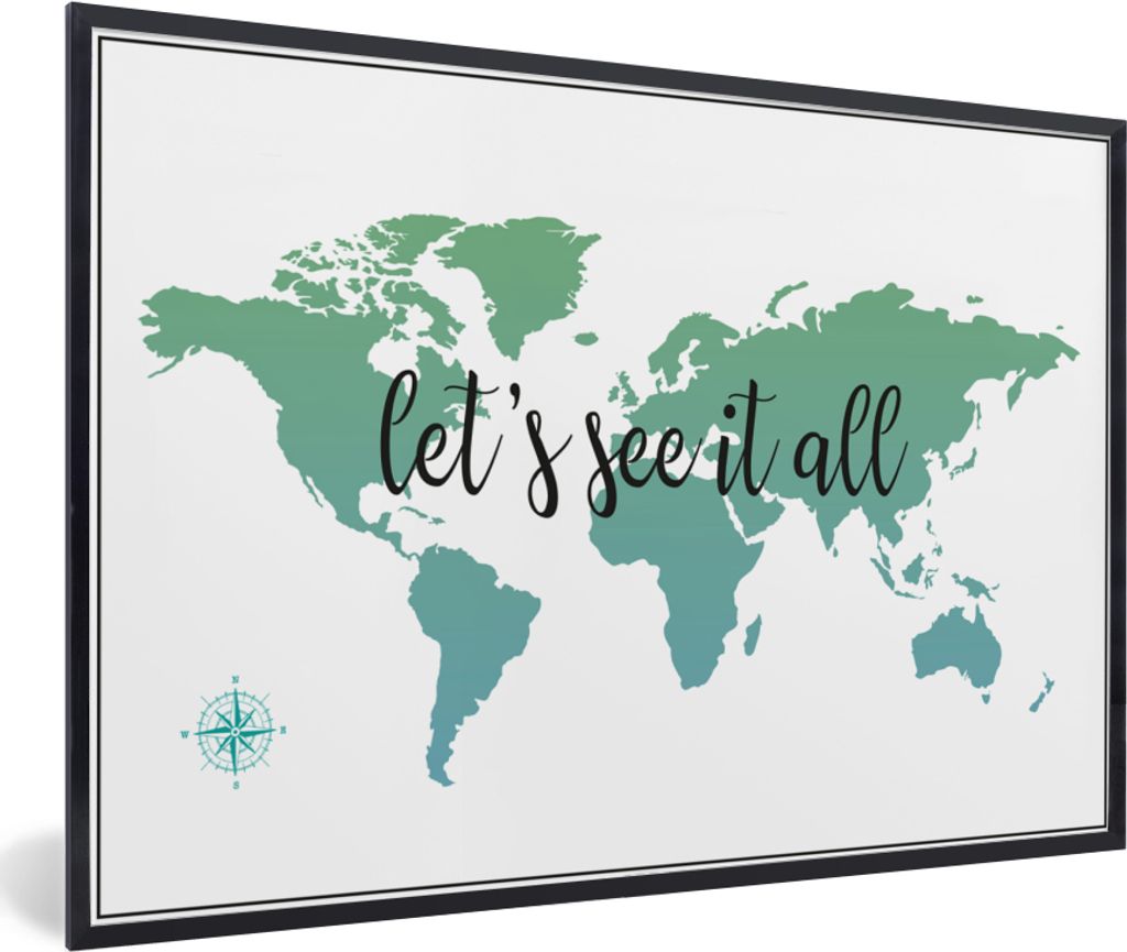 MuchoWow Gerahmtes Poster Weltkarte - Grün - Zitat - Kinder - Jungen - Mädchen 90x60 cm - Poster mit Schwarzem Bilderrahmen Wandposter Rahmen F...