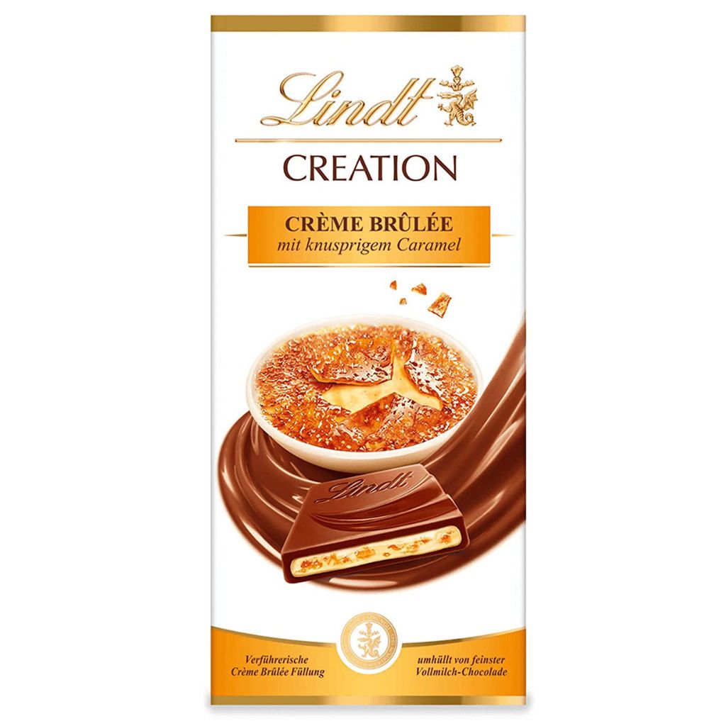 A product package for Lindt Creation Creme Brulee chocolate with caramel.