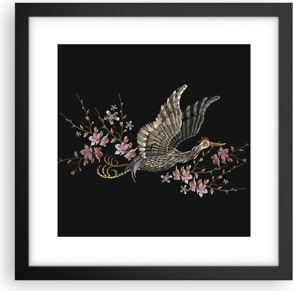 Gerahmtes Poster - Schwarzer Rahmen - Asiatisch Vogel Blumen - 30x30 cm - Wand Bild - Wanddeko - Wandbilder - Kunstposter - Wandposter - Bilderrahm...