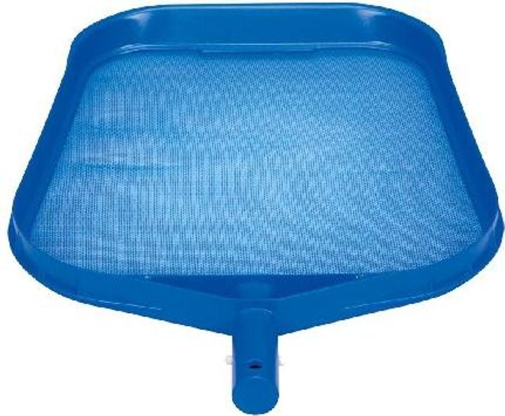 A blue pool skimmer with a mesh net.