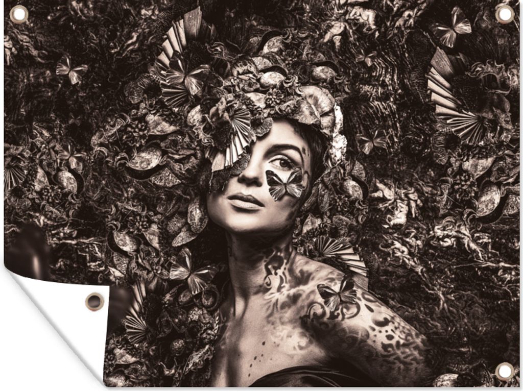 MuchoWow 80x60 cm Outdoor-Poster Gartendeko Sichtschutz Garten Poster für den Garten Sepia - Luxus - Frau