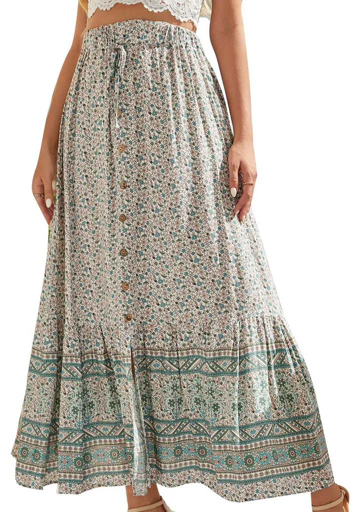 Jupe longue verte XL à motifs floraux et patte de boutonnage devant