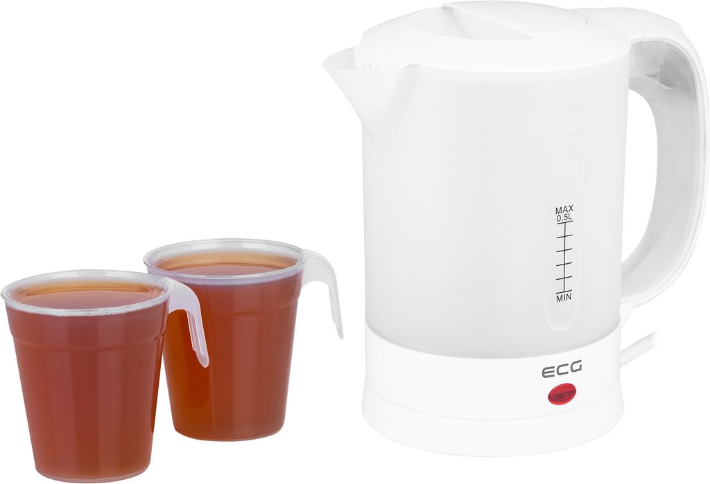 A white electric kettle and two cups of tea are shown against a white background.