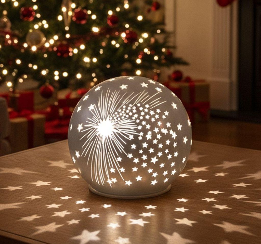 formano LED Deko-Kugel Silber Sterne 12 cm Glaskugel Timer 6h / 18h Weihnachten