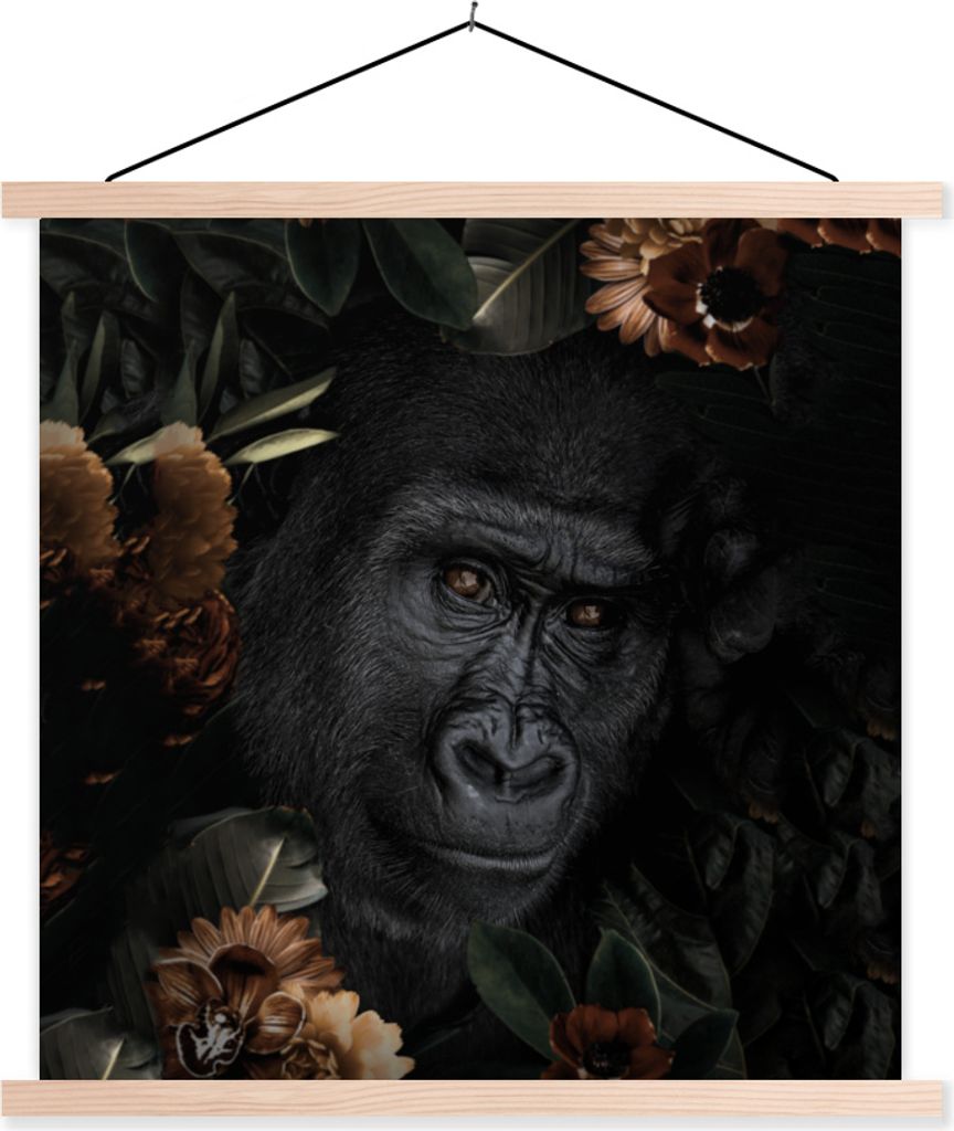 MuchoWow Textilposter Affe - Tiere - Blumen - Schwarz 60x60 cm mit holzfarbenen Rahmen - Wanddekoration