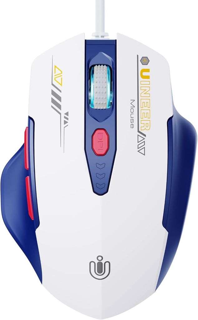 Maus Mit Kabel, ergonomisches Design, bis zu 7200 DPI einstellbar mit 6 Tasten, Computer Maus PC Laptop Computer,Plug & Play,Blau und Weiß
