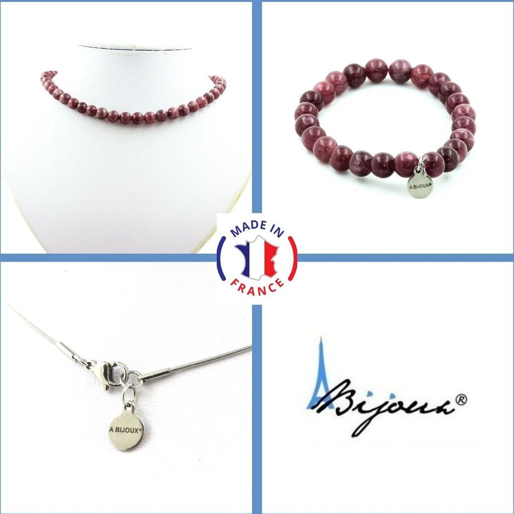 Schmuckset Armband Halskette Lepidolitperlen 8 mm Edelstahlkette