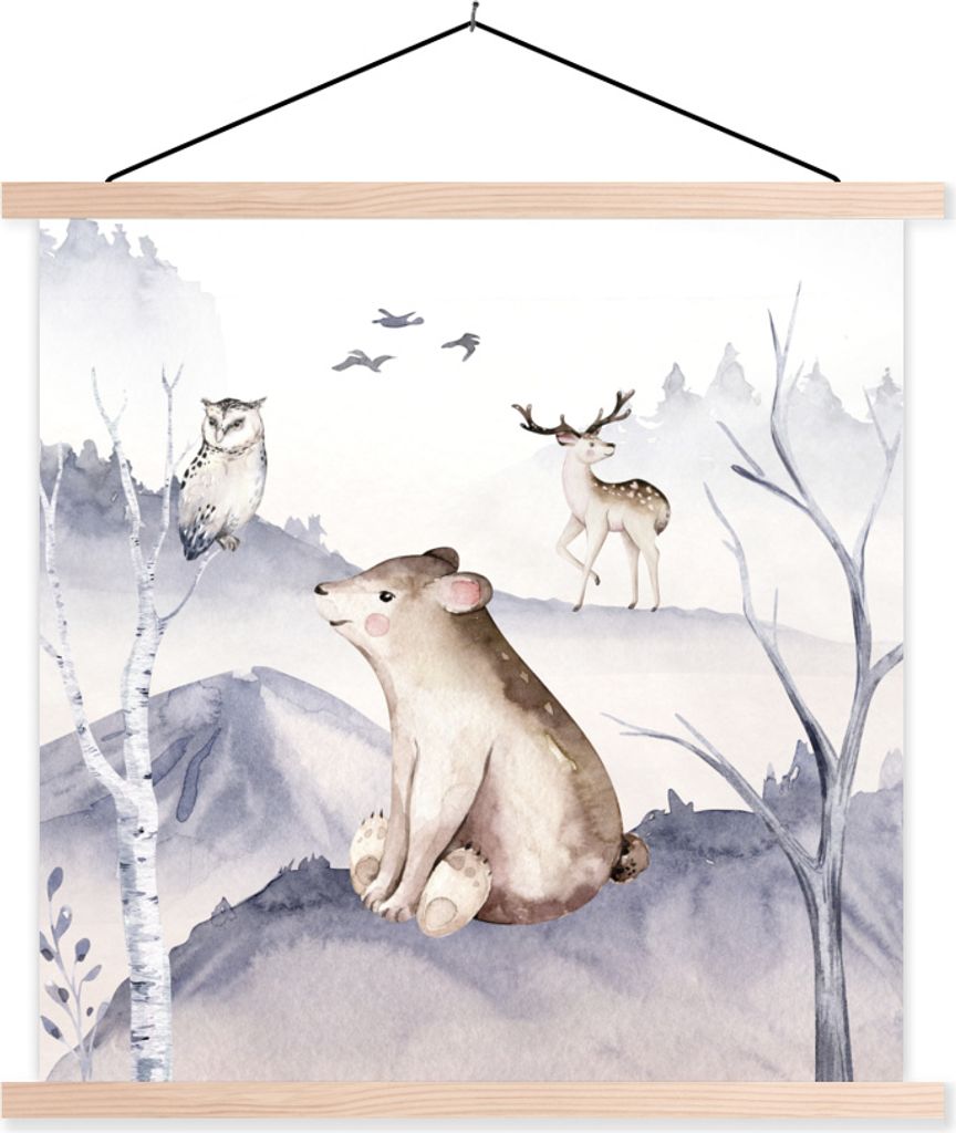 MuchoWow Textilposter Tiere - Winter - Eule 60x60 cm mit holzfarbenen Rahmen - Wanddekoration