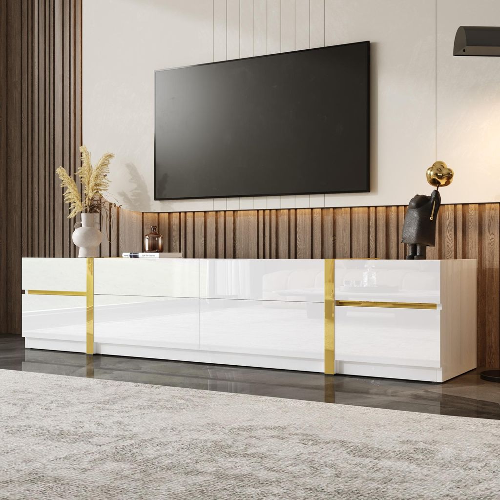 Merax Luxus-TV-Schrank mit Goldkanten, TV-Lowboard mit 4 Schubladen und 2 Türen, Moderner Stil TV-Möbel für Wohnzimmer, Hochglanz Weiß