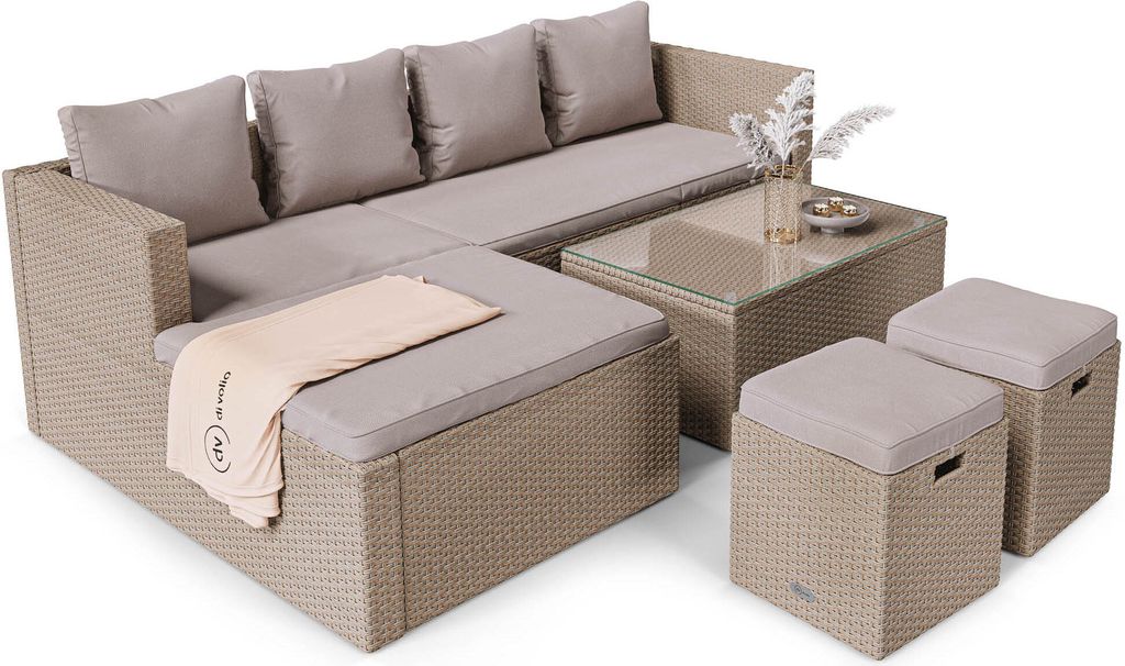 di volio Gartenmöbel-Set BOLOGNA, Terrassenmöbel Lounge Set aus Polyrattan - Ecksofa, Tisch & 2 Hockern, wetterfeste & langlebige Sitzgruppe