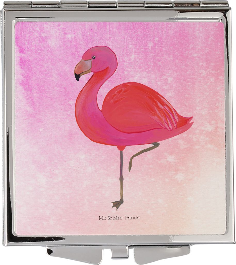 Mr. & Mrs. Panda Schminkspiegel Flamingo Classic - Aquarell Pink - Geschenk, Faltspiegel, Tochter, Rosa, Kleiner Spiegel, Kosmetikspiegel, Handspie...