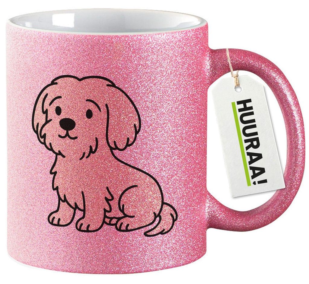 Huuraa Glitzertasse Malteser Malti Comic 330ml Pink Keramik Kaffeebecher Geschenkidee