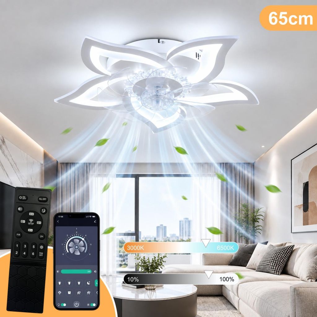 65 cm Deckenventilator mit Licht, Blüten-Design – Produktbild 