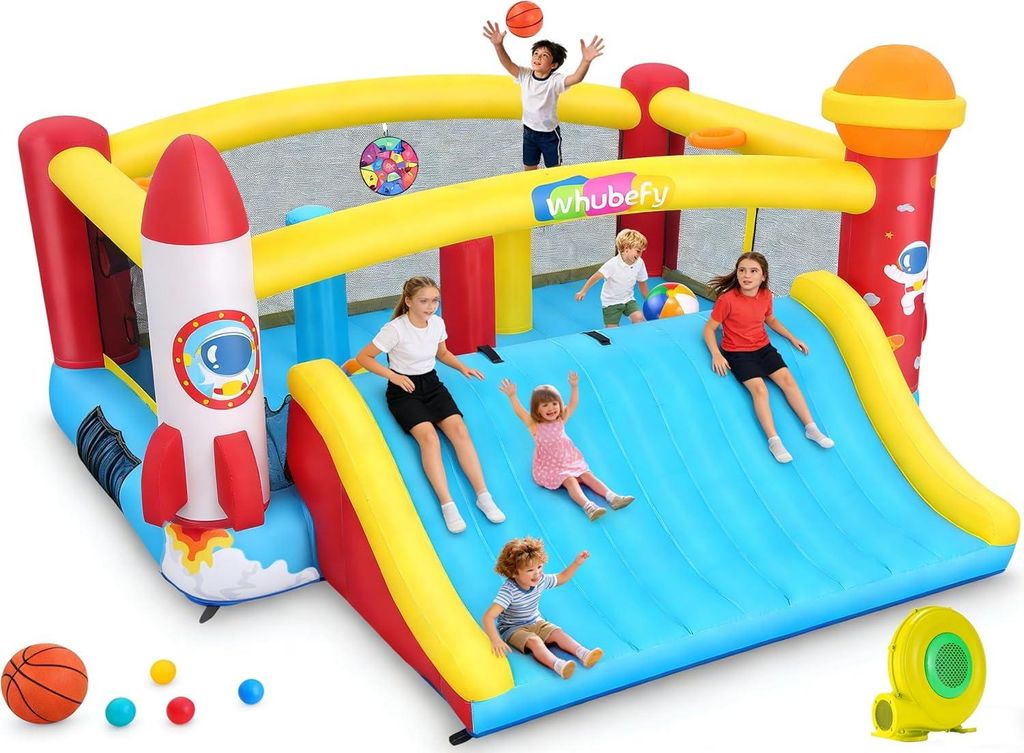 Upgraded Hüpfburg für große Kinder 410x405 cm mit großer Rutsche, Springbereich, Kletterwand, Basketball-Spiel, verstärktes Material, für 3-6...