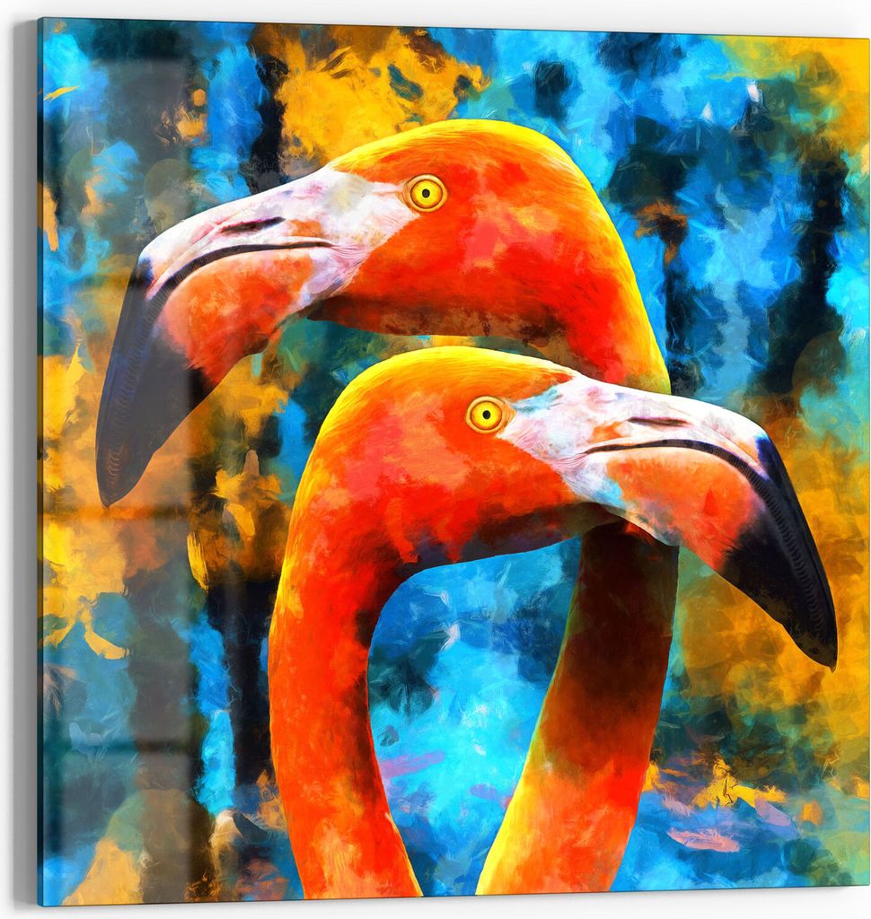 DEQORI Glasbild Acryl 50x50 cm 'Flamingos vor Farbenspiel' Wandbild Bild modern Deko