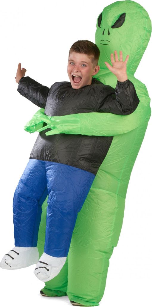 A child wearing an inflatable alien abduction costume.