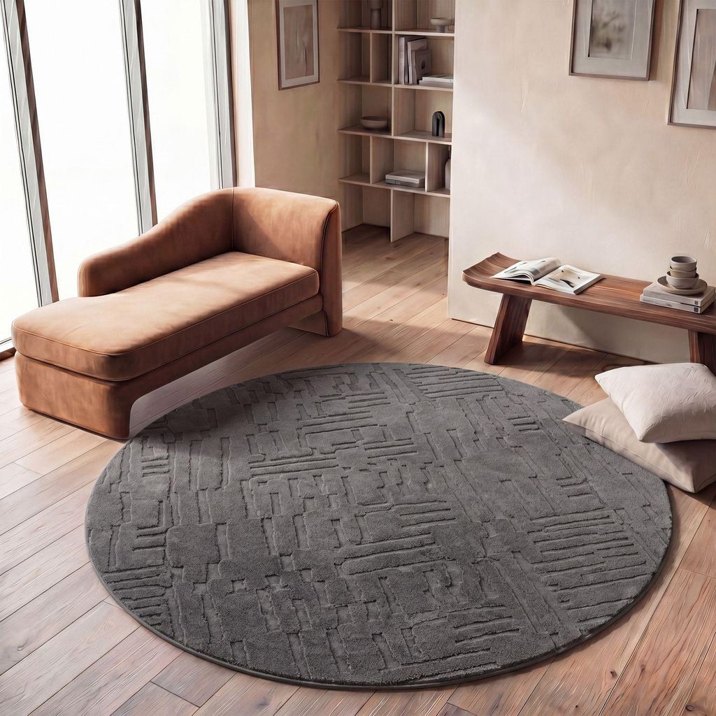 TT Home Wohnzimmer Teppich Schlafzimmer Hochflor Waschbar Skandinavisches Design Geometrisch Abstrakt Boho Stil Einfarbig 3D Größe 120 cm Rund