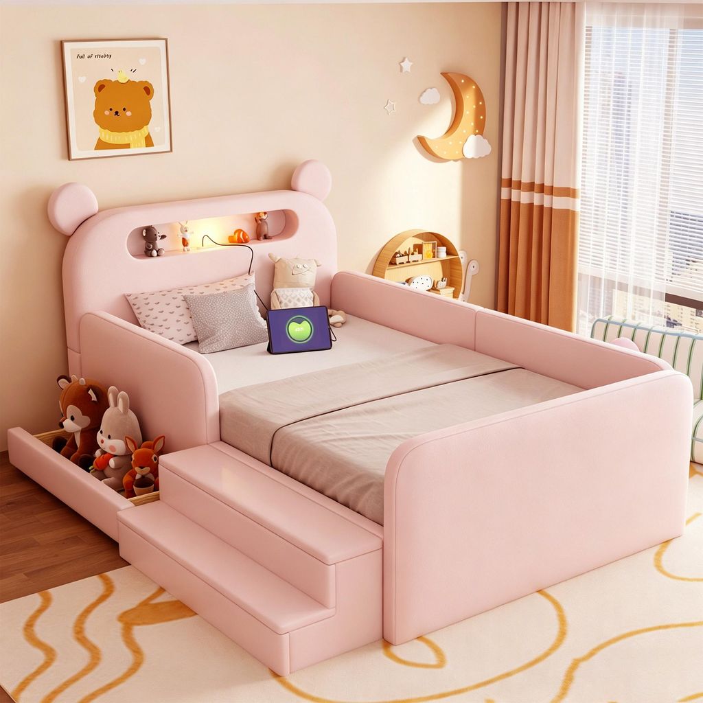 MODFU Kinderbett 90 x 200 mit Bären-Kopfteil,Polsterbett mit Matratze,Nachtlicht und USB,Bettrahmen mit Stauraum und Stufensitz,Rosa
