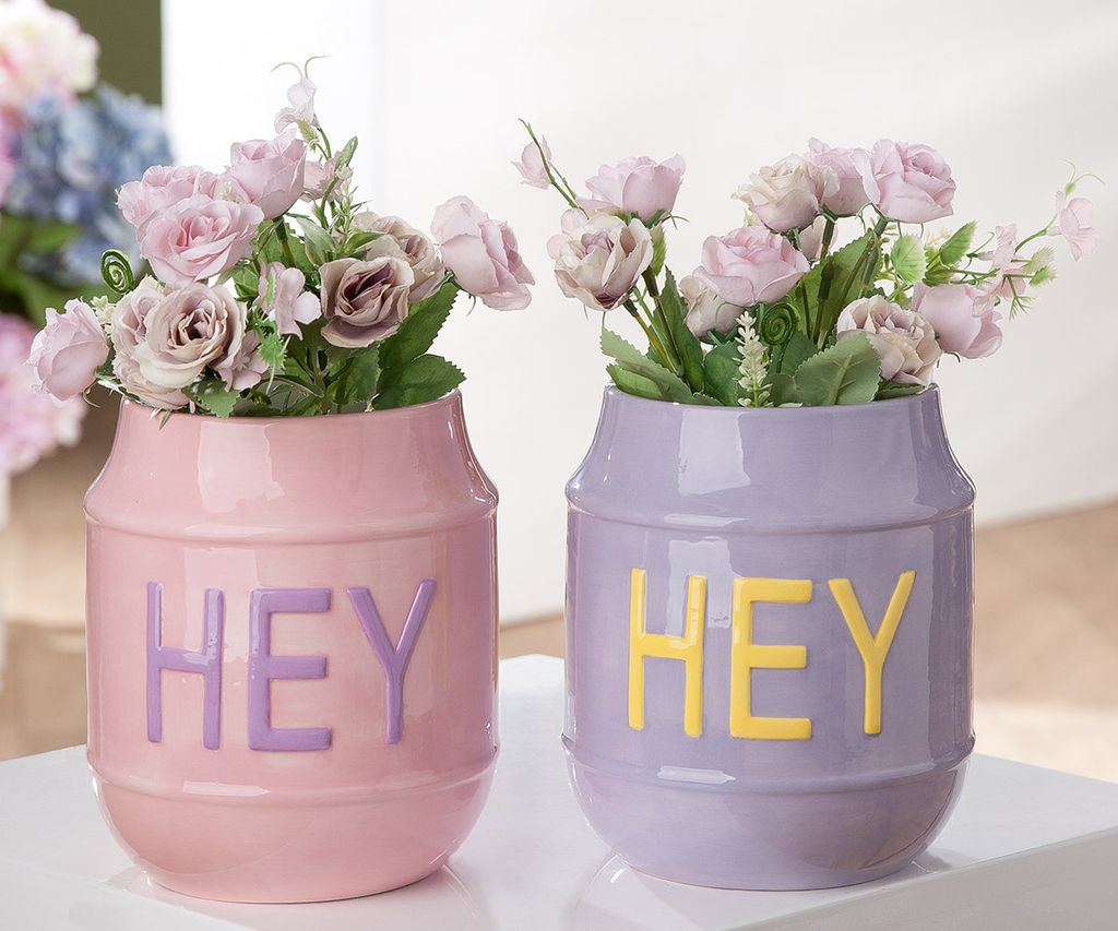Gilde Übertopf, zylindrisch, "HEY", Schriftzug, Keramik, rosa, flieder, H. 18 cm, D. 15.5 cm 33339 4009079333398 2 Stück (2-fach sortiert)