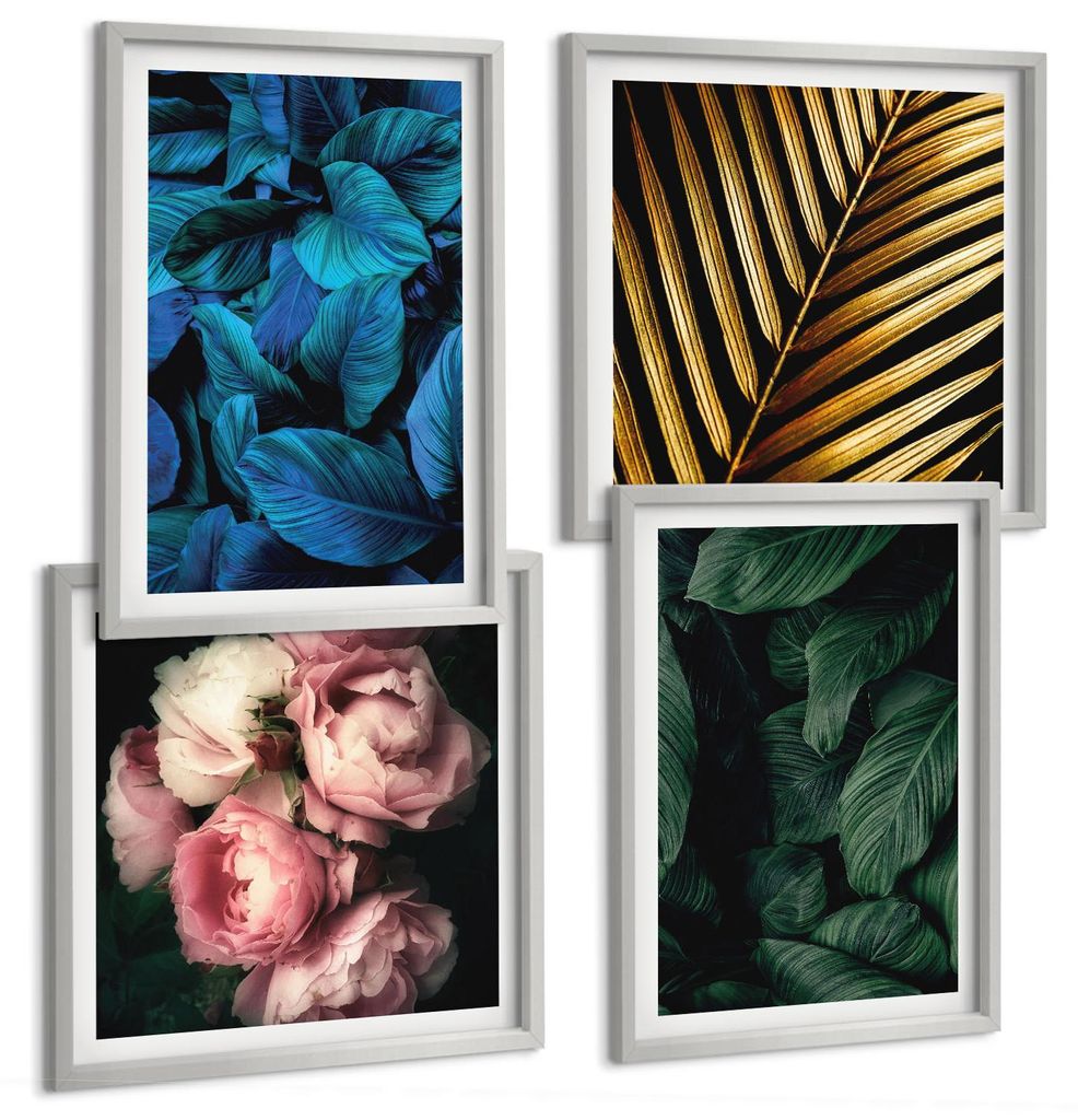 Bilder Set 4-teilig im silbergerahmten Rahmen – Wandbilder 4 Stück – gerahmte Poster für Wohnzimmer, Schlafzimmer und Flur – 50x50 cm - 40x...