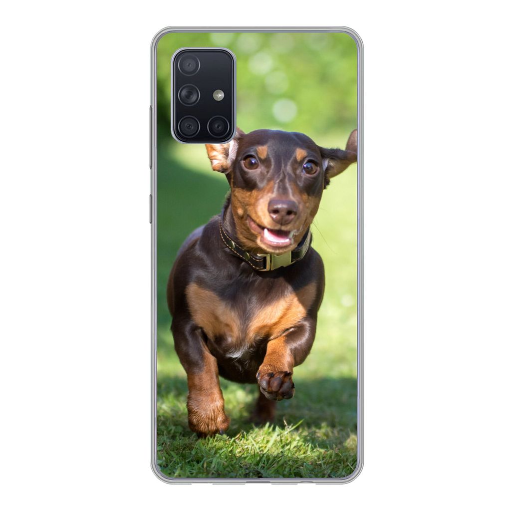 MuchoWow Handyhülle Schutzhülle Hülle für Samsung Galaxy A51 Ein sprintender Dackel Silikon Softcase Handy Hülle - Schutzabdeckung