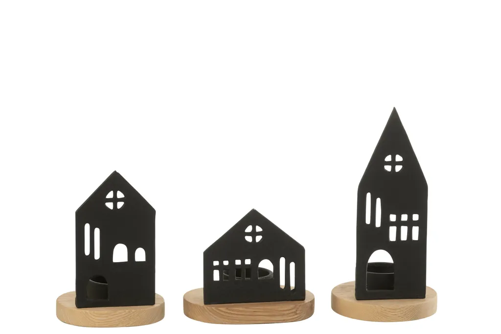 Photophore Maison Design Noir et Bois Naturel - Set de 3 Bougeoirs