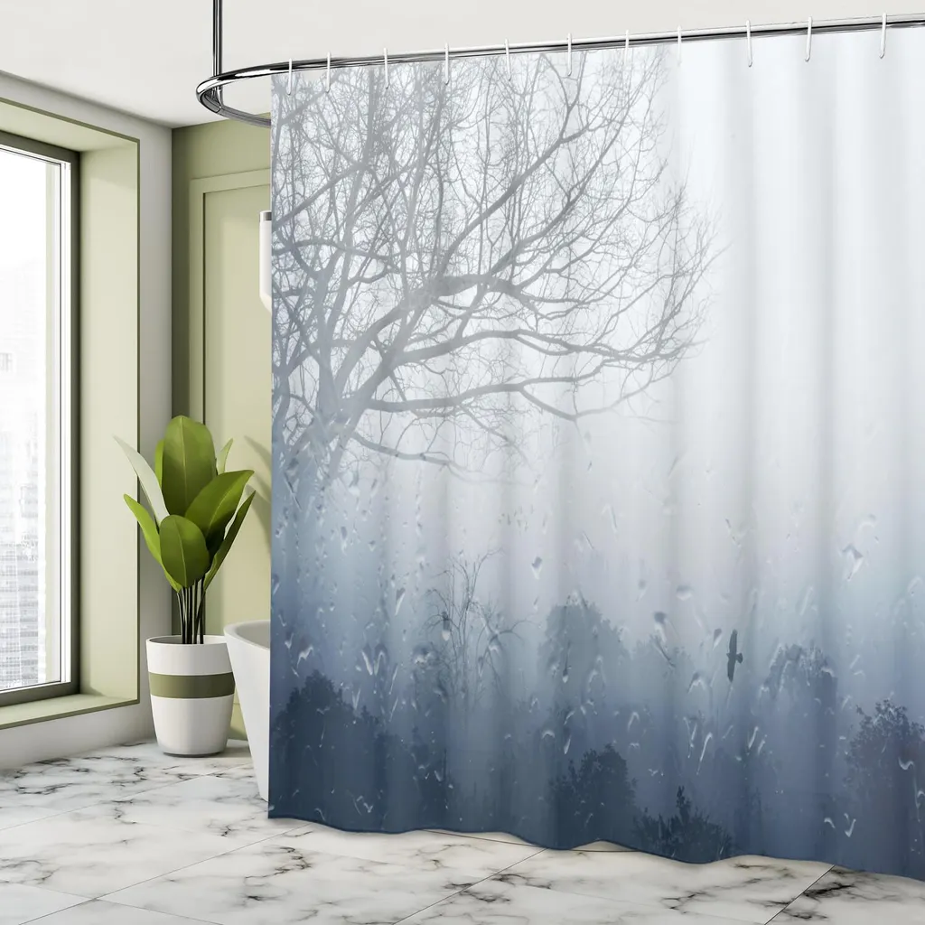 Tenda Doccia LB Foresta Blu 150x200 Cm | Albero Floreale E Farfalle | Con Ganci Inclusi | Impermeabile E Antimuffa - 2