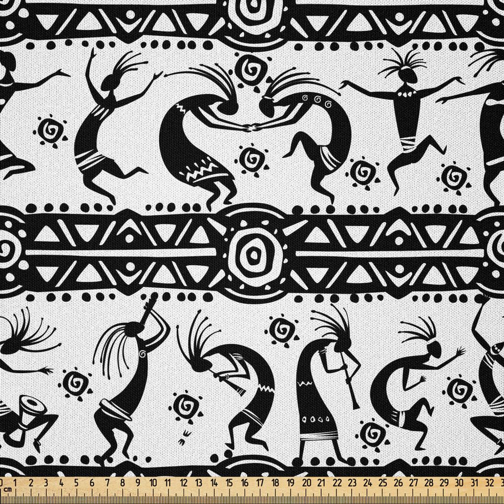 ABAKUHAUS afrikanisch Microfaser Stoff als Meterware , Tanzende orientalische Figuren Ornate Design Elements Tribal Folkloric Vintage Design, 3 M (...
