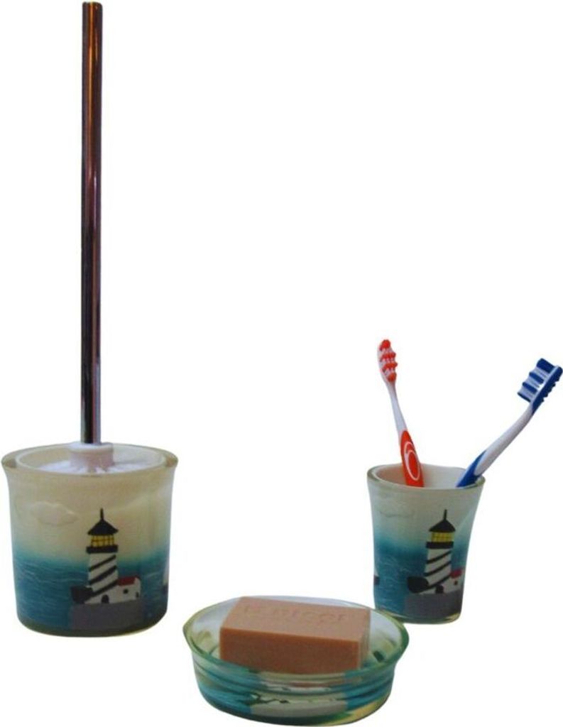3tlg Set Bad Accessoires WC Bürste Zahnputzbecher Seifenschale Leuchtturm